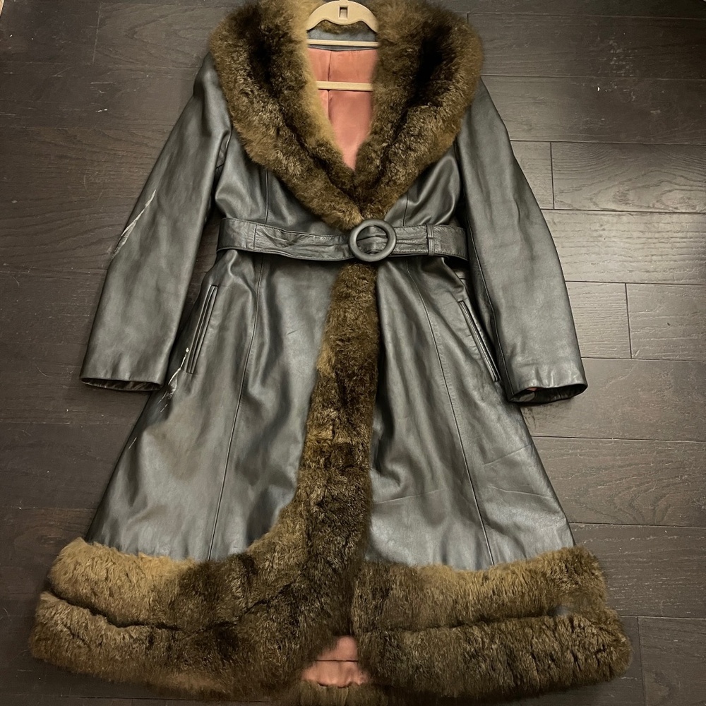 Vintage Rajac leathers women's silver/grey Leather Coat with Faux Fur Lining